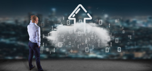 Poster - Businessman in front of a Binary cloud with upload internet arrow 3d rendering