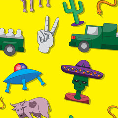  seamless pattern UFO aliens van cow people cook snake cactus flying saucer. Vector image.