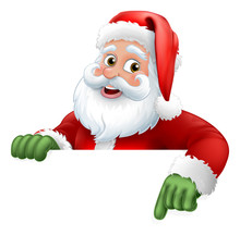 Santa Christmas Cartoon Character Peeking Over A Sign And Pointing At It