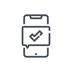 Poster - Mobile phone with sms confirmation line icon. Smartphone with check mark vector outline sign.