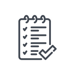 Poster - Exam notebook with check mark line icon. Test approval vector outline sign.
