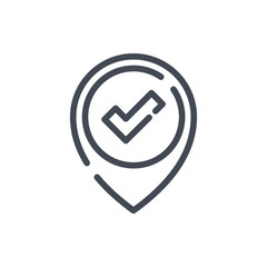 Poster - Map pointer with check mark line icon.  Confirmed location vector outline sign.