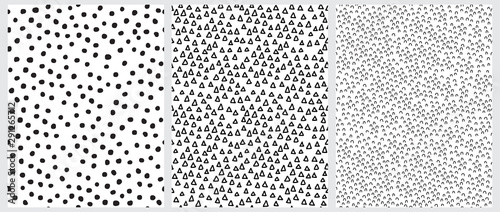 Cotton fabric Simple Geometric Irregular Vector Prints Ideal for Fabric, Textile, Wrapping Paper. Abstract Hand Drawn Childish Style Vector Patterns. Black Triangles, Arches and Dots Isolated on a White Background.