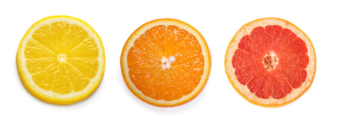 Wall Mural - citrus slices, orange, lemon, grapefruit, isolated on white background