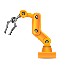 Poster - Realistic 3d Detailed Automated Yellow Robotic Hand Arm Machinery. Vector