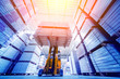 Forklift loader in storage warehouse ship yard. Distribution products. Delivery. Logistics. Transportation.
