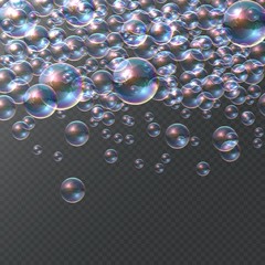 Poster - Soap bubble on transparent background. Realistic colorful 3D bubbles, rainbow clear shampoo falling ball. Vector illustrations underwater isolated round bubbling texture