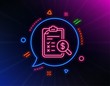 © blankstock - Accounting report line icon. Neon laser lights. Audit sign. Check finance symbol. Glow laser speech bubble. Neon lights chat bubble. Banner badge with accounting report icon. Vector