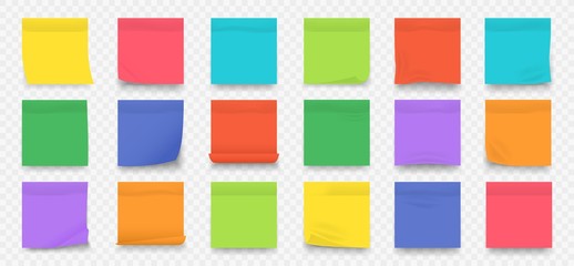 Poster - Sticky notes. Square colored blank notepad pages with crumpled edges isolated on transparent background. Vector collection wall sticker for text reminder post set