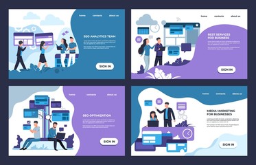 Poster - SEO landing page. Internet analytic, business and online marketing web site template. Vector digital illustration with flat cartoon characters banners for advertising website
