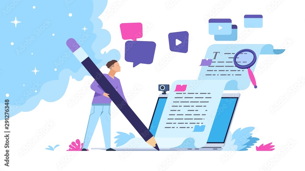 Content writer. Blog articles creation concept with people characters, freelance work business and marketing. Vector illustration creative online blog image with pencil and essays - obrazy, fototapety, plakaty 