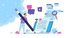 Content Writer. Blog Articles Creation Concept With People Characters, Freelance Work Business And Marketing. Vector Illustration Creative Online Blog Image With Pencil And Essays