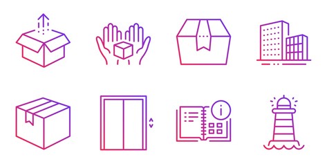 Aufkleber - Package box, Buildings and Parcel line icons set. Hold box, Instruction info and Lift signs. Lighthouse symbol. Delivery goods, City architecture. Industrial set. Gradient package box icon. Vector