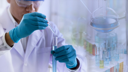Wall Mural - laboratory research concept; scientist dropping chemical reagent into test tube with lab glassware b