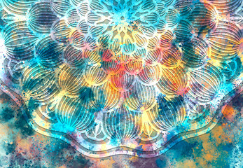 Wall Mural - abstract mandala graphic design and watercolor digital art painting for ancient geometric concept ba
