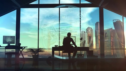 Male web designer working on infographic background.