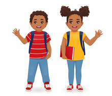 Smiling School Boy And Girl With Backpack Waving Hand Isolated Vector Illustration