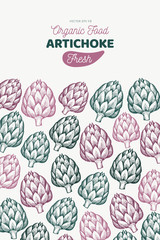 Wall Mural - Artichoke vegetable design template. Hand drawn vector food illustration. Engraved style vegetable frame. Retro botanical banner.