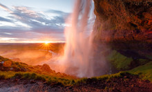 Waterfall Seljalandsfoss In Iceland, Beautiful Sunset Golden Hour Scenery.