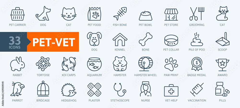Pet, vet, pet shop, types of pets - minimal thin line web icon set. Outline icons collection. Simple vector illustration. - obrazy, fototapety, plakaty 