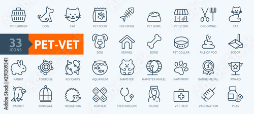 Cuadros en Lienzo Pet, vet, pet shop, types of pets - minimal thin line web icon set