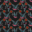 Seamless pattern with swallows and roses in old school tattoo style. For poster, card, banner, flyer. Vector illustration