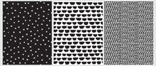 Simple Geometric Irregular Vector Prints Ideal For Fabric, Wrapping Paper.Abstract Hand Drawn Childish Style Vector Patterns.Black Semi Circles Isolated On A White Background.White Crosses On A Black.