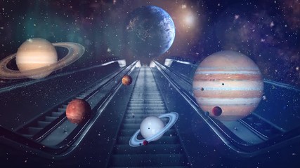 Wall Mural - stairway to cosmos. all planets of solar systems in front of stair. fantasy and surrealistic art ani