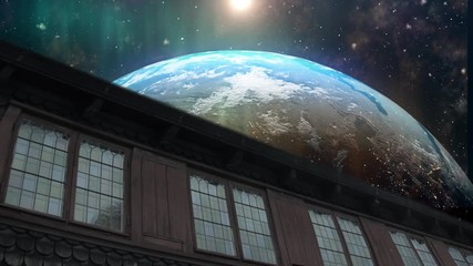 Wall Mural - house with world view. night time and surrealistic 3d rendering, colonization on different planet wh