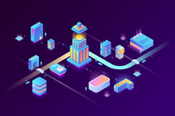Poster - Smart Digital Virtual City and Stream Data Center Blockchain Technology Isometric vector illustration concept.