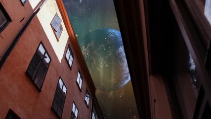 Wall Mural - house with world view. night time and surrealistic 3d rendering, colonization on different planet wh