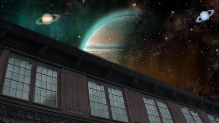 Wall Mural - house, building with cosmos view. jupiter, saturn and uranus. surrealistic 3d rendering. solar syste