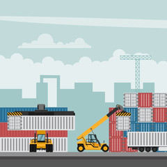 Wall Mural - Container port terminal design for export. Container trucks working