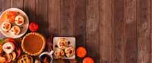Autumn Food Corner Border Banner. Table Scene With A Selection Of Pies, Appetizers And Desserts. Top View Over A Rustic Wood Background. Copy Space.