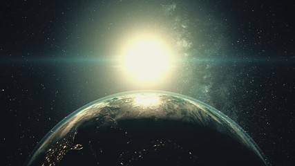 Wall Mural - rotating planet earth with white halo orbits about bright sun in dark outer space with stars. 3d ren