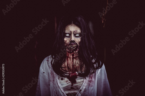 Photographie Portrait of asian woman make up ghost face with blood,Horror scene,Scary backgro