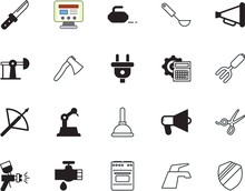 Equipment Vector Icon Set Such As: Crossed, Spoon, Socket, Hair, Waste, Cable, Cooperation, Bolt, Laptop, Secure, Barber, Cooker, Burger, Airbrush, Nozzle, Protection, Frame, Winter, Transmission