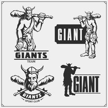 Ancient Giant With A Mace. Sport Club Emblems And Print Design For T-shirt.