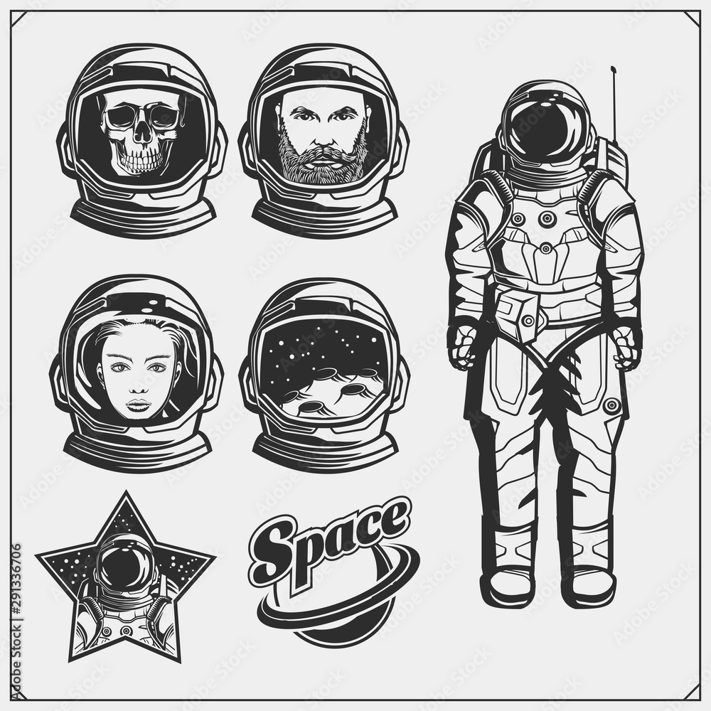 Space and astronaut emblems, labels and design elements. Man, girl and  skull in a space suit. Vintage style. Monochrome design. Stock Vector |  Adobe Stock, image size:1000x1000