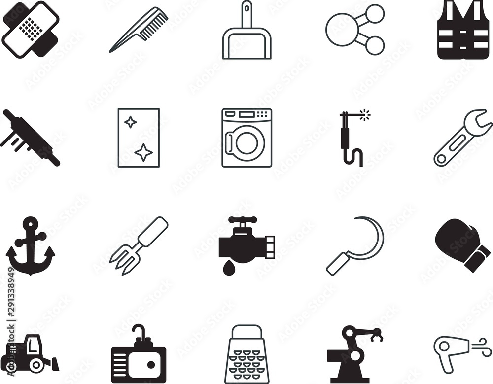 equipment vector icon set such as: arm, blue, break, help, antique ...