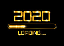 Gold Happy New Year 2020 With Loading Icon Golden Fashion Style. Progress Bar Almost Reaching New Year's Eve. Luxury Shiny Metal Vector Illustration With 2020 Loading. Isolated Or Black Background