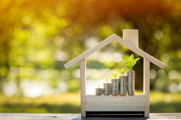 Stacked gold coins and plant growing on the top put in the wooden home model on the wood on bokeh background in the public park, Business investment and loans for real estate concept.