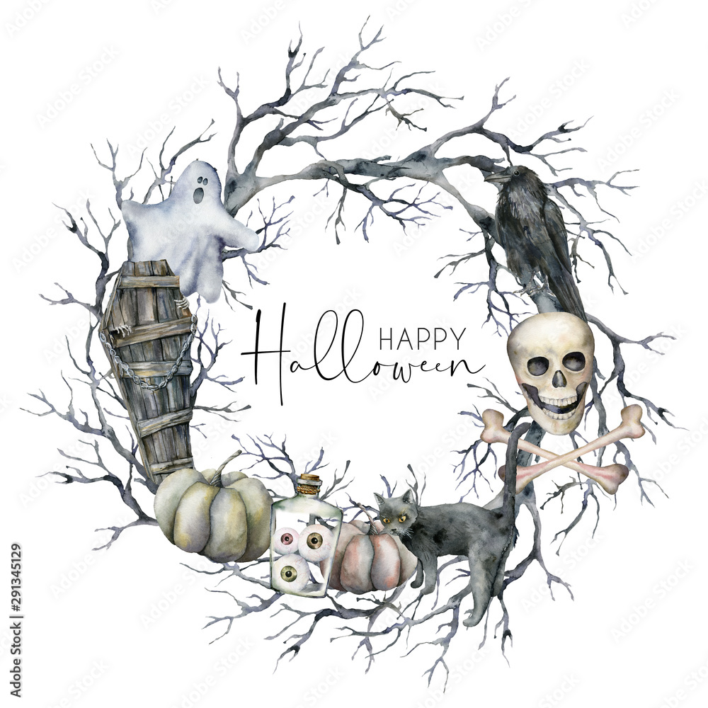 Watercolor halloween wreath with crow, ghost and pumpkin. Hand painted ...