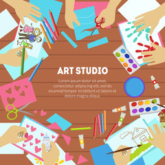 Sticker - Art Studio Banner Template with Space for Text, Drawing Lessons, Workshop for Kids Vector Illustration