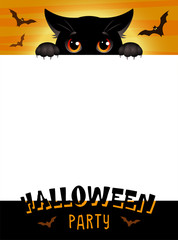 Wall Mural - Halloween Party. Colorful poster with cute black cat and bats. Place for your text message. Vector illustration.