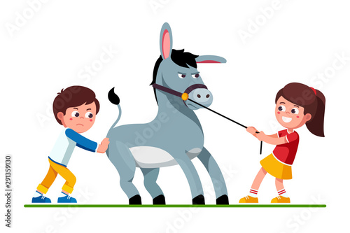 Fotografía Girl pulling donkey on reins and boy pushing it