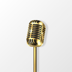 Wall Mural - Vector 3d Realistic Golden Steel Retro Concert Vocal Microphone with Shadow Closeup on White Background. Design Template of Vintage Karaoke Metal Mic. Front view