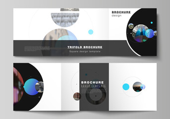 Poster - Vector layout of square format covers design templates for trifold brochure, flyer. Simple design futuristic concept. Creative background with blue circles and round shapes that form planets and stars