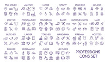 Professions Linear Big Icons Set. Occupations Items And Objects. Career Thin Line Contour Symbols Collections. Professional Workers Tools And Equipment Bundle. Isolated Vector Outline Illustrations