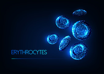 Wall Mural - Futuristic glowing low polygonal red blood cells erythrocytes isolated on dark blue background.